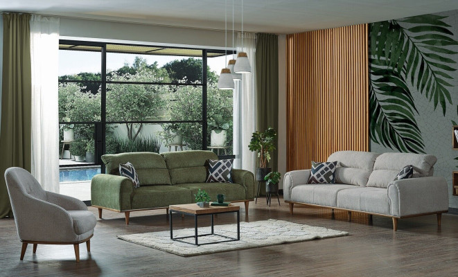 Sofagarnitur 3+1+1 Sitzer Wohnzimmer Set Komplett Textil Sofa Sessel Holz Neu