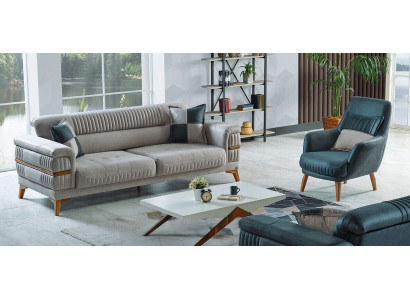 Sofagarnitur 3+1 Sitzer Textil Holz Sofa 3 Sitzer Modern Sessel Komplett Set Neu