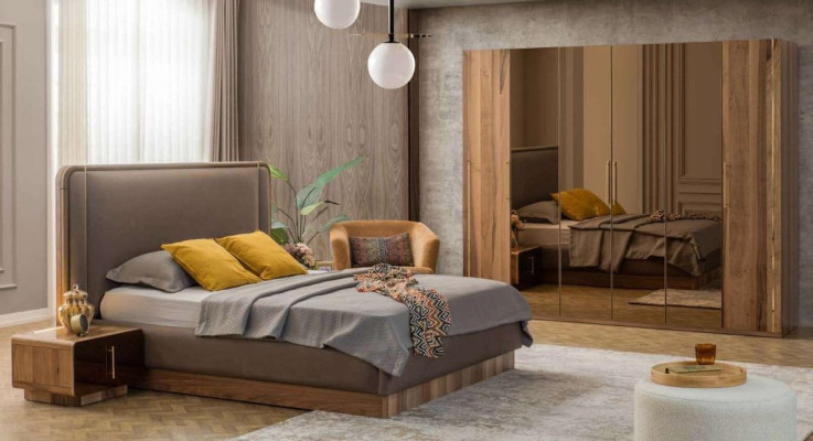 Luxus Schlafzimmer Set Bett + 2x Nachttische+Schrank Holz Komplettes Modern Neu