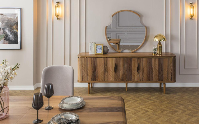Esstisch + 6 Stühle + Sideboard + Spiegel Esszimmer Set Essgruppe Gruppentisch