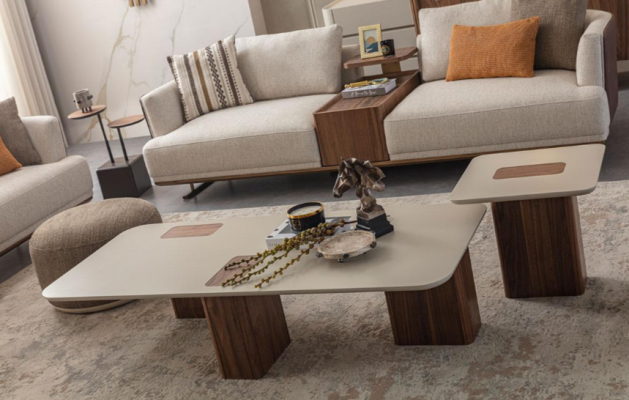 Couchtisch Tische Tisch Design Luxus Möbel Beige Holz Wohnzimmer Neu