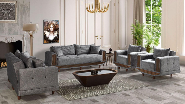Sofagarnitur 3+2+1+1 Sitzer Textil Holz Sofa 3 Sitzer Modern Sessel Komplett Set