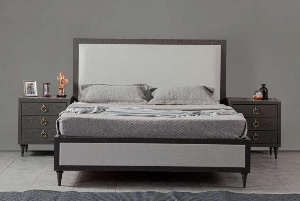 Schlafzimmer Set Grau Bett Design Modern Luxus 2x Nachttische 3 tlg. Neu