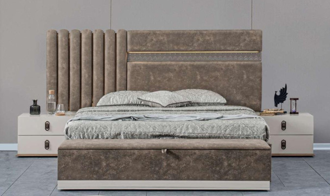 Grau Schlafzimmer Set Bett + 2x Nachttische Neue Holzmöbel Garnitur