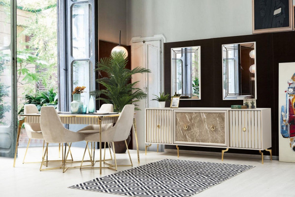 Luxus Esstisch Esszimmer Tisch für 4 Personen Stühle SIdeboard Modern