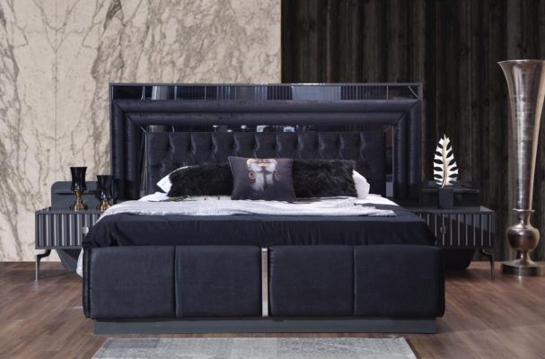 Schwarzes Schlafzimmer Set Luxus Garnitur Bett 2x Nachttische Schrank