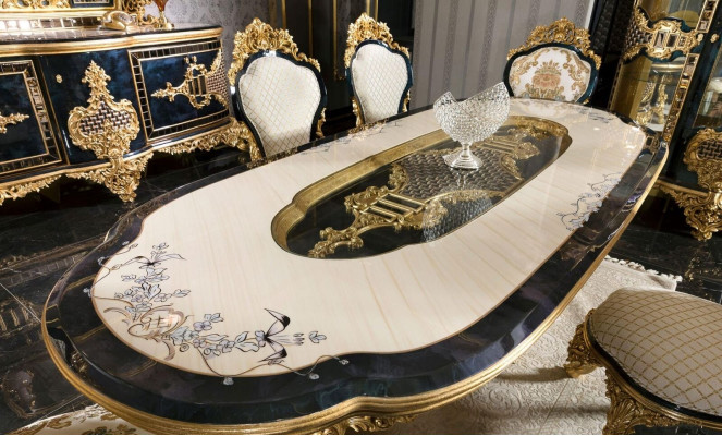 Stilvoller Schwarz-Goldener Esszimmer Set Luxus Garnitur Kommode Esstisch