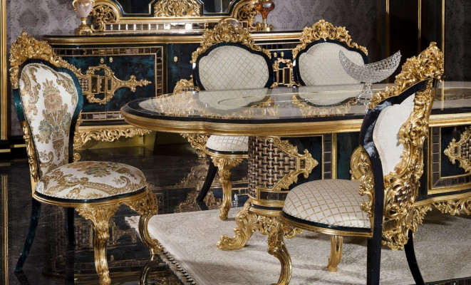 Stilvoller Schwarz-Goldener Esszimmer Set Luxus Garnitur Kommode Esstisch