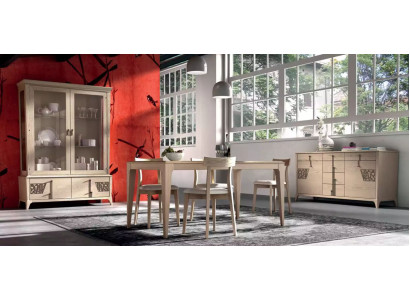 Garnitur Set Tisch 4x Stühle Beige Vitrine Set Essgruppe 7tlg. Esszimmer