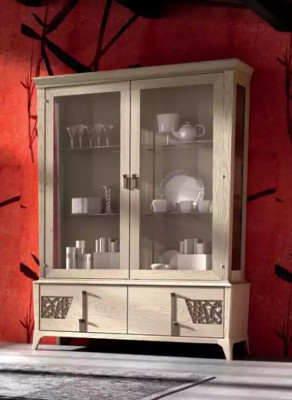 Garnitur Set Tisch 4x Stühle Beige Vitrine Set Essgruppe 7tlg. Esszimmer