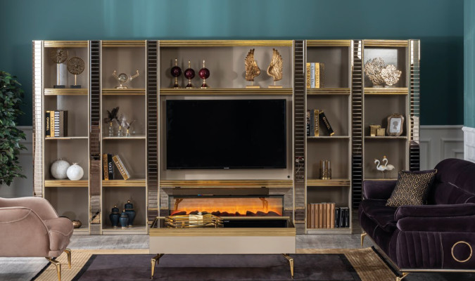 Wohnzimmer Wonwand Holz Luxus Garnitur neu Stil Modern Luxus Beige