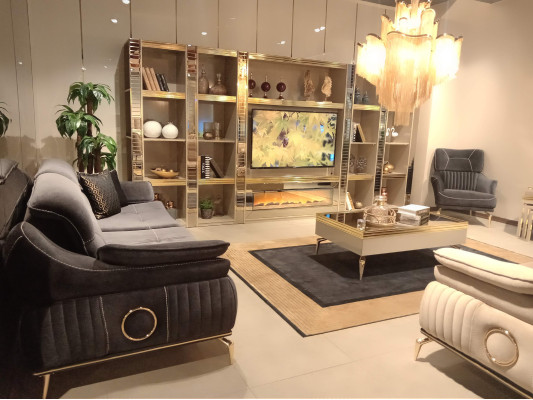 Wohnzimmer Wonwand Holz Luxus Garnitur neu Stil Modern Luxus Beige