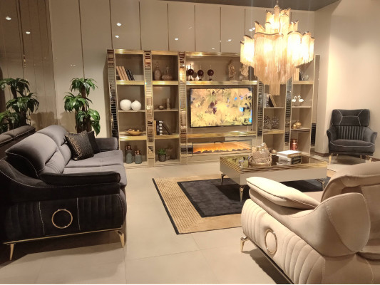 Wohnzimmer Wonwand Holz Luxus Garnitur neu Stil Modern Luxus Beige