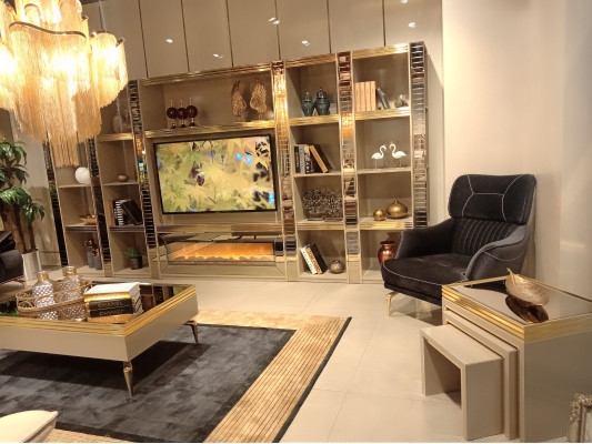 Wohnzimmer Wonwand Holz Luxus Garnitur neu Stil Modern Luxus Beige