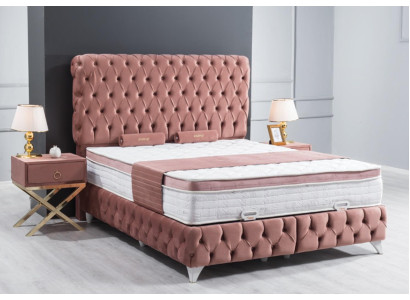 Boxspring Rosa Chesterfield Bett Elegantes Design Luxus 2x Nachttische 3tlg.