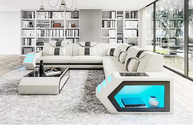 Design Wohnzimmer Eckcouch Ecksofa Möbel Lederpolster Couch Sofa L Form + Tisch