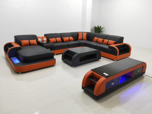 Wohnlandschaft u Form Ledersofa Polster Ecksofa Sofa Couch Leder Textil usb neu