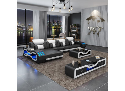 Leder Modern Couch Wohnlandschaft Ledersofa Sofagarnitur Sofa L-Form Couchtisch