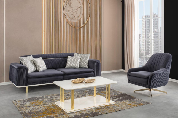Moderne Wohnzimmer Garnitur blaues Sofa + blauer Sessel + Couchtisch neu modern