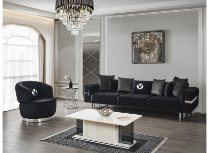 Modernes Wohnzimmer Set Schwarzes Sofa schwarzer Sessel Couchtisch neu
