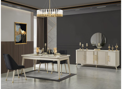 Esszimmer Essgruppe Esstisch 6x Lehnstühle Kommode Spiegel Tisch 9tlg