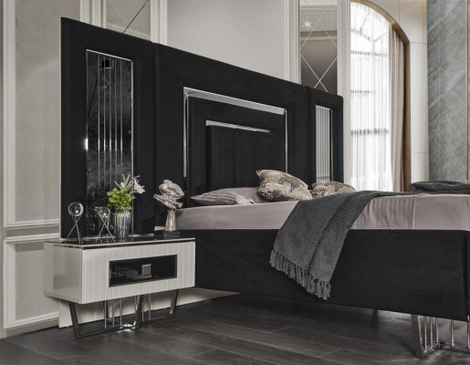 Schlafzimmer Möbel Luxus Bett Textil mit Nachttischen Kommode Spiegel 5tlg