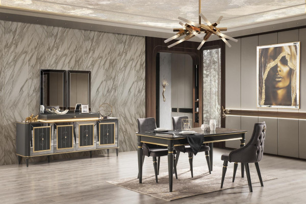 Luxus Esszimmer Garnitur Tisch mit 4 Lehnstühlen Kommode Sideboard 6tlg