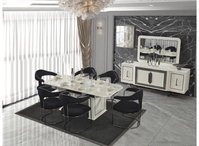 Modernes Esszimmer Set Weißer Esstisch 6 Stühle weiße Sideboard Spiegel neu