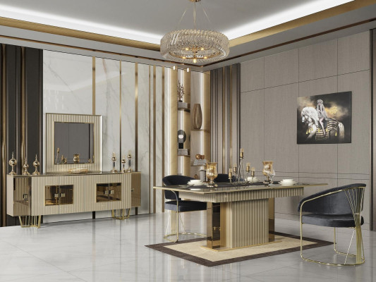 Goldenes Esszimmer Set Esstisch Essgarnitur Tisch 4x Lehnstuhl Kommode 6tlg