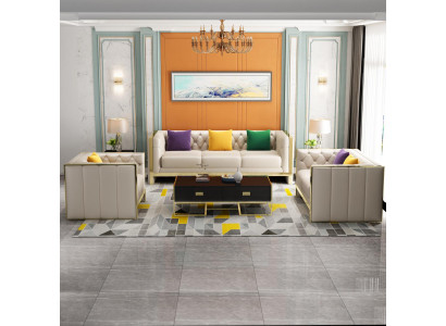 Beige Chesterfield Sofagarnitur 3+2 Sitzer Polstersofas Leder Wohnzimmer Garnitur