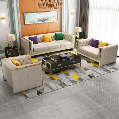 Beige Chesterfield Sofagarnitur 3+2 Sitzer Polstersofas Leder Wohnzimmer Garnitur