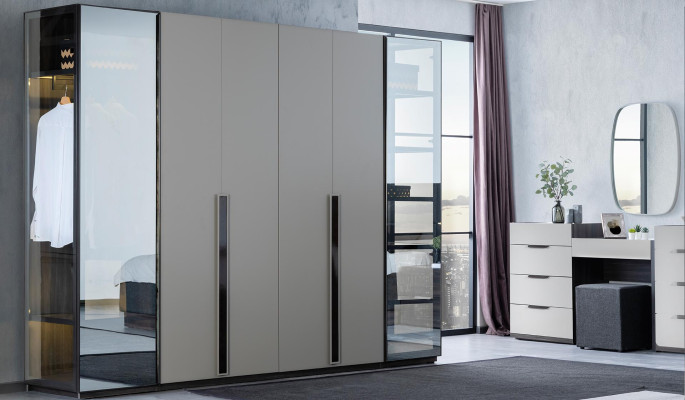 Graues Schlafzimmer Set Komplett Möbel Bett Schrank Nachttische Möbel 5tlg Holz
