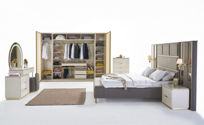 Taupe Polster Betten Doppelbett Holz Schlafzimmer Möbel Hotel Polster 180x200