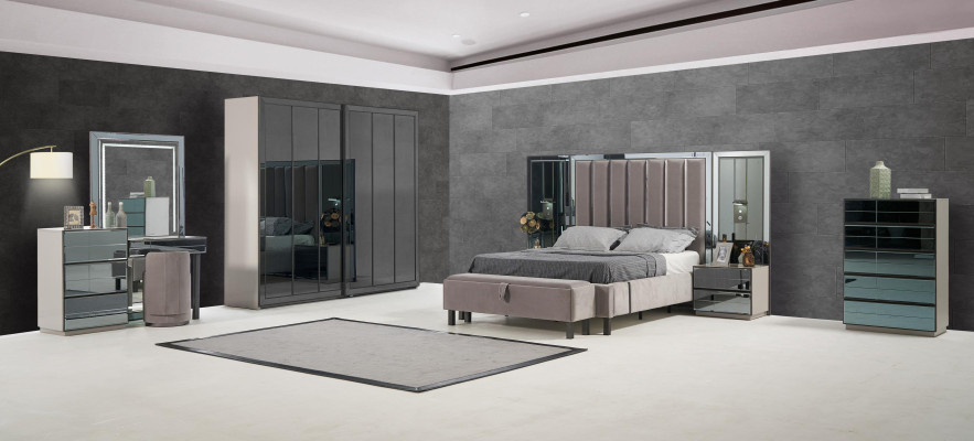 Schlafzimmer Set Bett 2x Nachttisch Hocker Doppel Betten Polster Möbel 4tlg. Neu