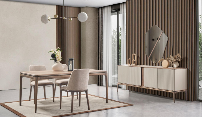 Essgruppe Esstisch 4 Stühle Sideboard Spiegel Modern 7tlg Holz Beige