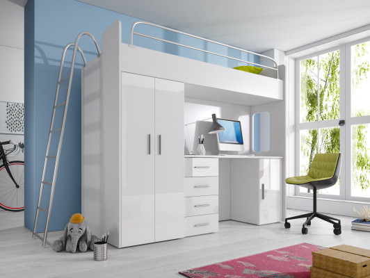 DOPPELSTOCKBETT STOCKBETT ETAGENBETT MIT SCHREIBTISCH+KLEIDERSCHRANK-RAJ 4D WEIß