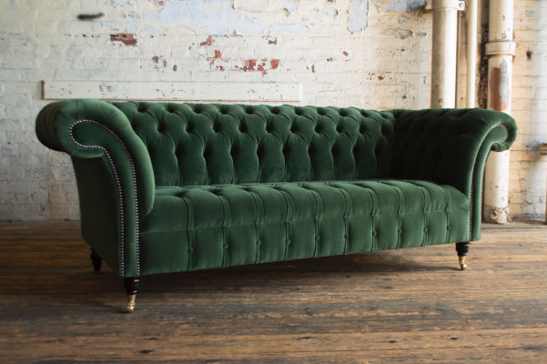 Klassische Chesterfield Design Couch 3 Sitzer Sofa Couch Samt Leder big grün neu