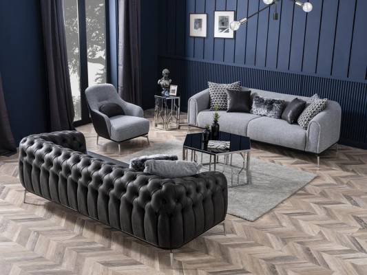 Chesterfield Garnitur Sofa 4 Sitz Sessel Viersitzer Kunstleder Schwarz