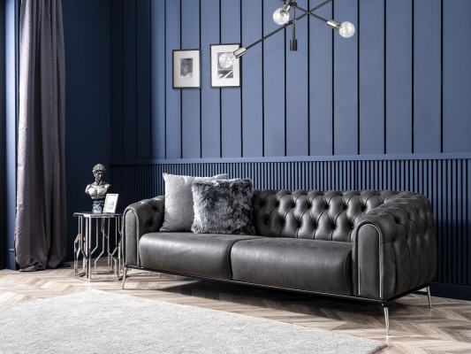 Chesterfield Garnitur Sofa 4 Sitz Sessel Viersitzer Kunstleder Schwarz