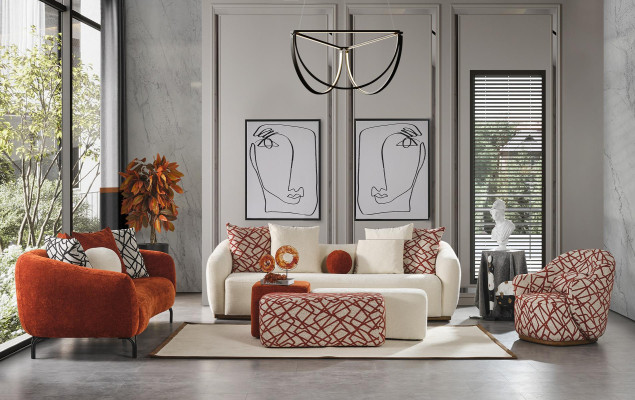 Sofagarnitur Sofa Sessel 431 Sitz Stoff Luxus Sofas Orange Wohnzimmer
