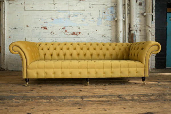 Sofa Sofa Polster Chesterfield Textil Sofas Design Luxus Stoffsofas 4Sitzer Gelb