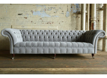 Klassische Chesterfield Sofa 4 Sitzer Sofas Couchen Leder Grau Design Polster