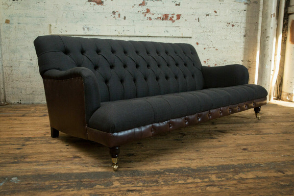 Klassische Chesterfield Couch 3 Sitzer Sofa Couch Samt Leder Blau Design Polster