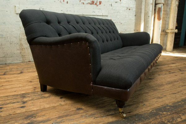 Klassische Chesterfield Couch 3 Sitzer Sofa Couch Samt Leder Blau Design Polster