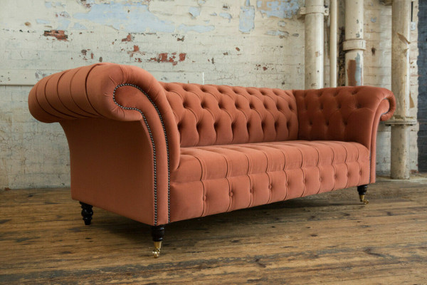 Luxus Oranger Chesterfield 3-Sitzer Designer Wohnzimmer Couch