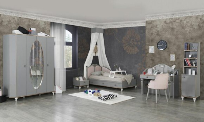 Jugendzimmer Set Bett Kleiderschrank Nachttisch Kommode mit Spiegel Möbel 4tlg
