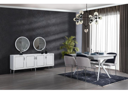Esszimmer Komplett Set Esstisch 4x Stühle Anrichte + 2x Spiegel Gruppe