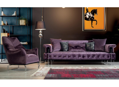 Lila Couch Sofa Garnitur 3+1 Sitz Chesterfield Wohnzimmer Polster