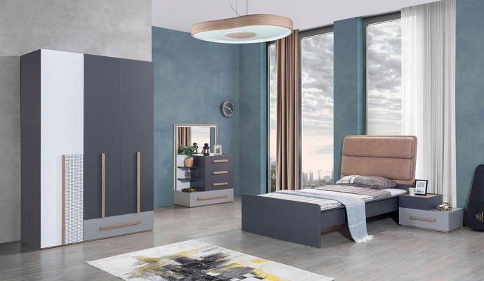 Jugendzimmer Set Grau Bett Nachttisch Kleiderschrank Design Neu 4tlg.