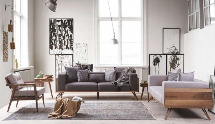 Moderne Sofagarnitur 3+3+1 Sitzer Wohnzimmer Einrichtung Holzgestell